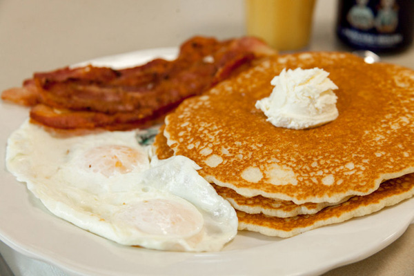 A plate of pancakes, bacon, and eggs from Uncle Bill's Pancake House in Wildwood, NJ