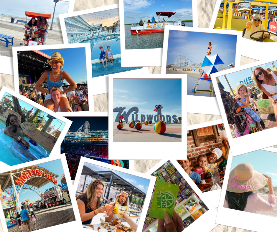 Collage of images of people enjoying different attractions in The Wildwoods